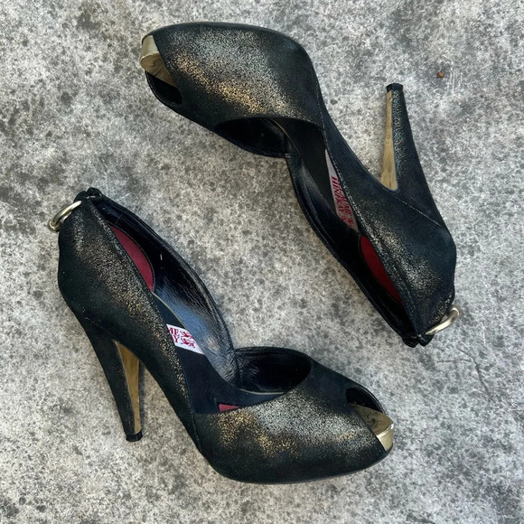 Guillaume Hinfray black and  gold peep toe heel, size 37.5 - Picture 1 of 16